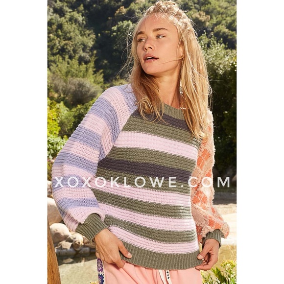 POL Olive Pink Stripped Balloon Sleeve Sweater Relaxed Fit - Picture 3 of 13